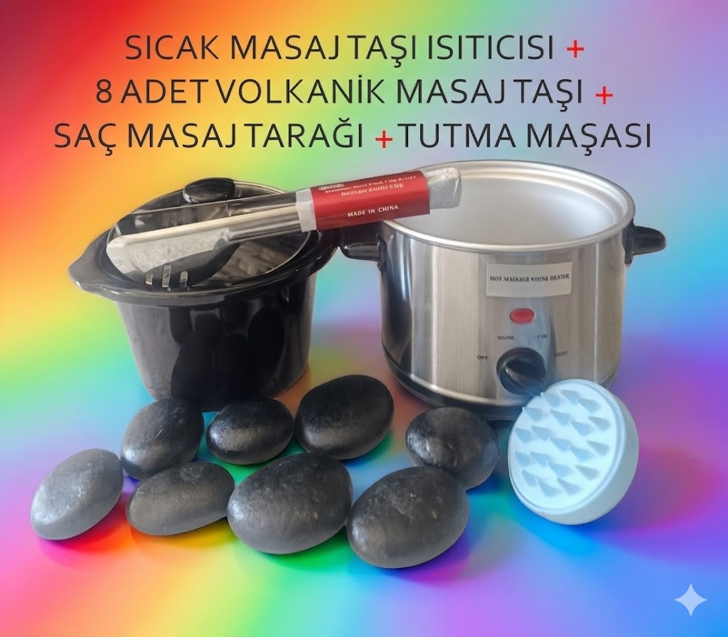 1201 Masaj Taş Isıtıcısı (Little) + Masaj Taşı + Tutacak + Masaj Tarağı